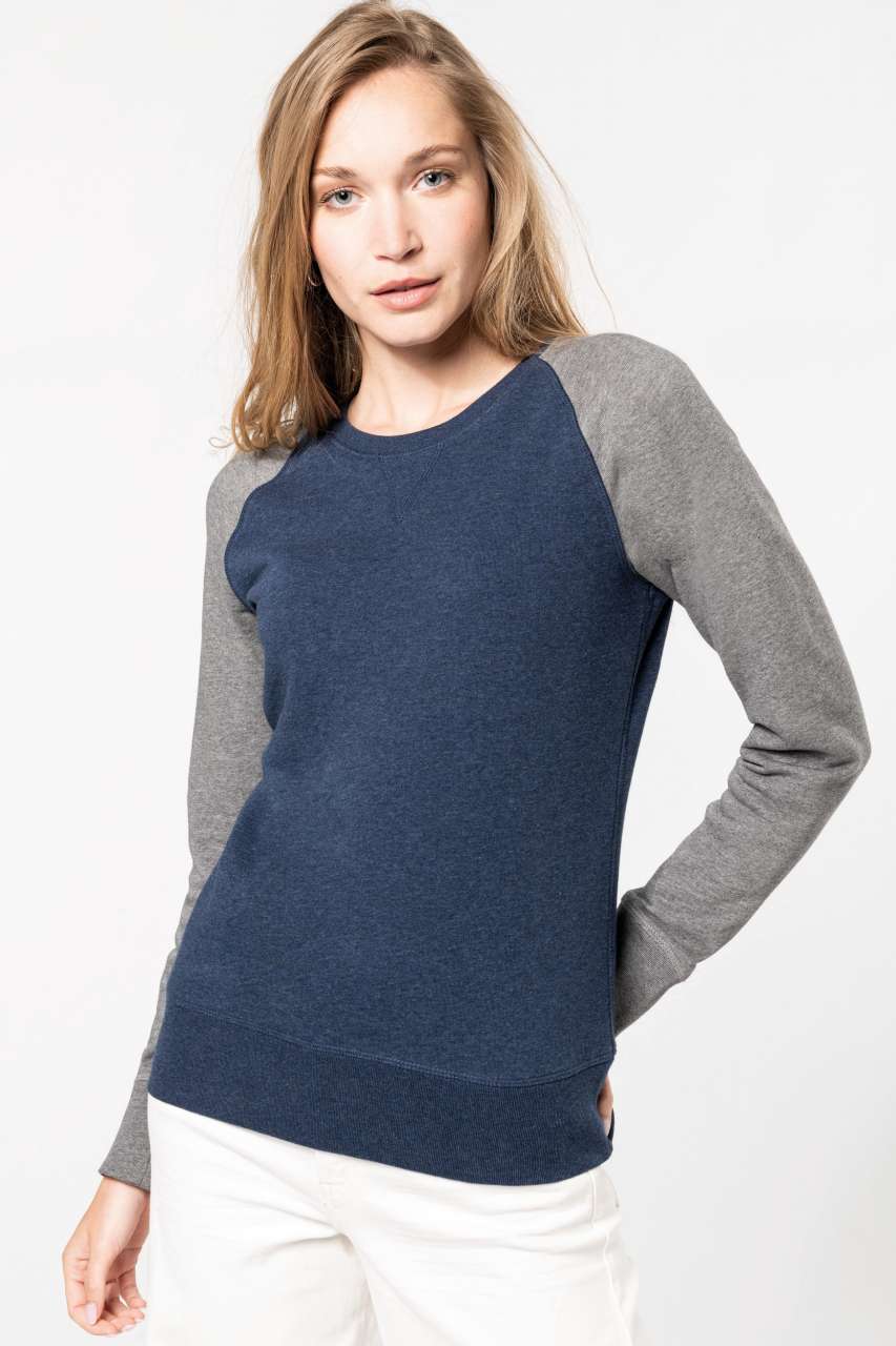 KA492 LADIES' TWO-TONE ORGANIC CREW NECK RAGLAN SLEEVE SWEATSHIRT
