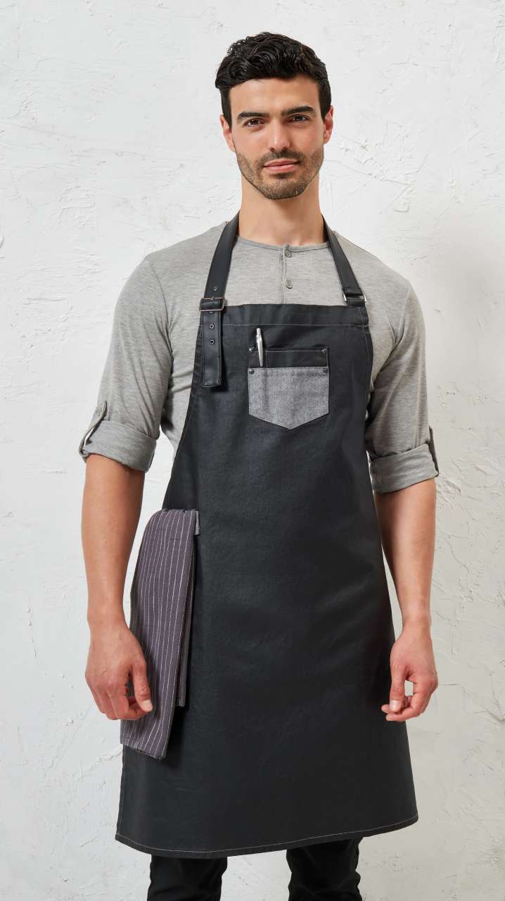 PR136 'DIVISION' WAXED LOOK DENIM BIB APRON WITH FAUX LEATHER – Obrázok 5